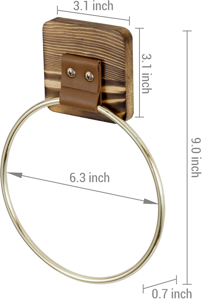 MyGift Brass Tone Hand Towel Ring, Hanging Bathroom Washcloth Towel Holder Rack, Metal with Brown Leatherette Strap and Burnt Wood Wall Mounted
