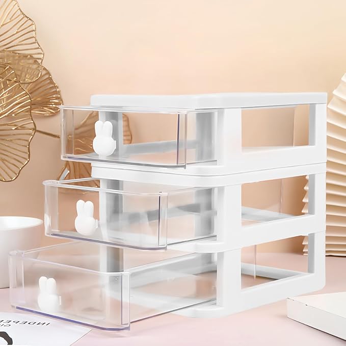 3 Layer Plastic Storage Drawer Bunny Transparent Cosmetic Organizer Rabbit Makeup Organizer Storage Container for Office School Home（White）