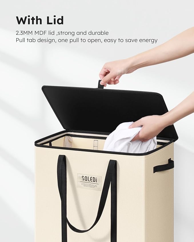 SOLEDI 75L Slim Laundry Basket with Lid,Collapsible Narrow Laundry Hamper Handles,Tall Skinny Dirty Clothes Hamper for Laundry Room,Dorm,Bathroom,Bedroom,and Small Spaces, 75L Beige