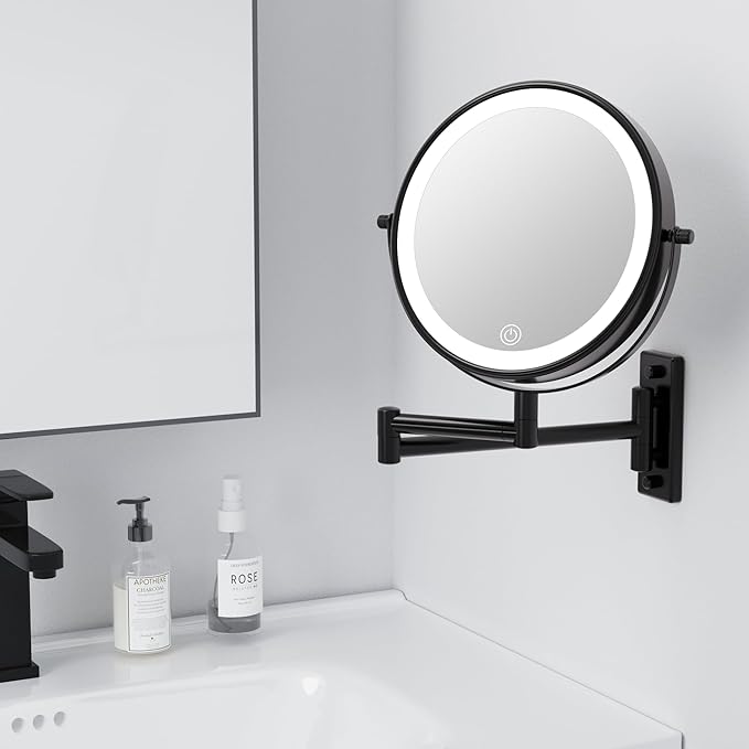 Wall Mounted Makeup Mirror with Lights, 8" Bathroom Vanity Magnifying Mirror Wall Mount with 1X/10X Magnification and Extendable Arm,Black