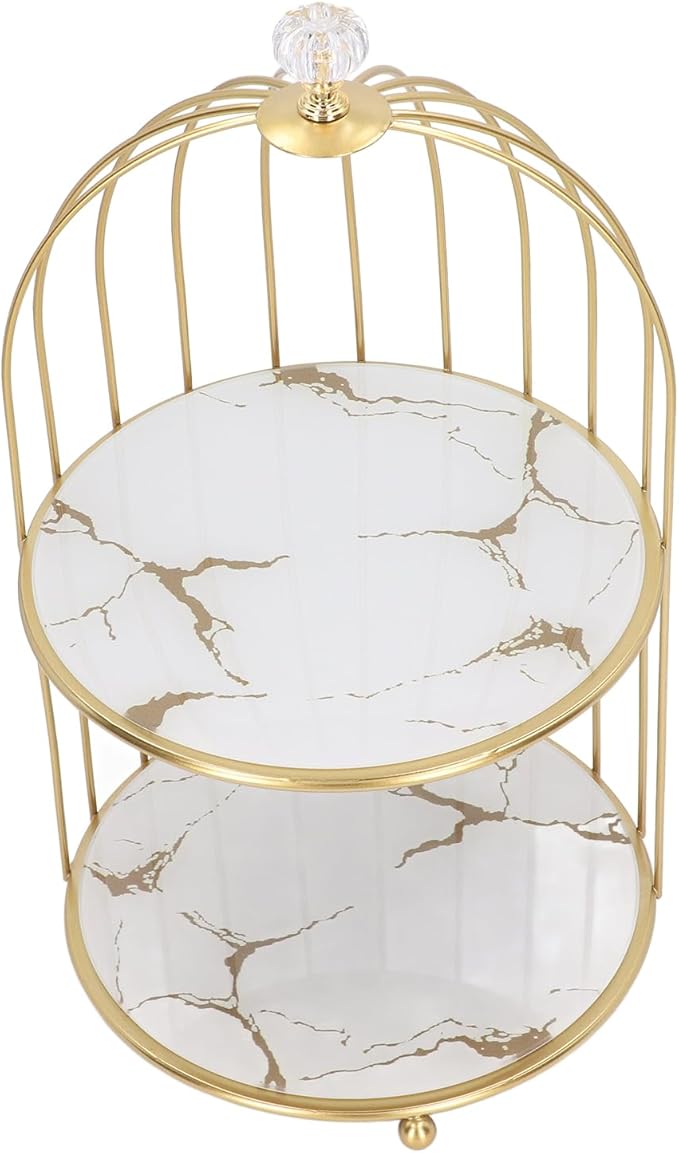Double Layer Storage Shelf, Bird Cage Organizer Display Rack with Sturdy Metal Glass Frame, for Bathroom Countertop Dressing Table (White Base Gold Pattern)