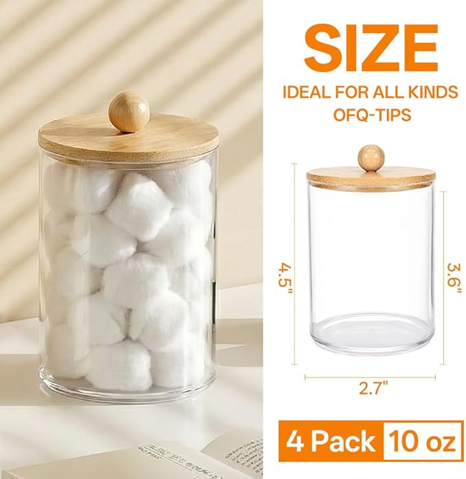 maytopia 6 Pack Clear Stackable Storage Drawers & Qtip Holder Dispenser with Bamboo Lids, Acrylic Drawer Containers Plastic Organizer Bins for Makeup, Bathroom, Cabinet, Undersink