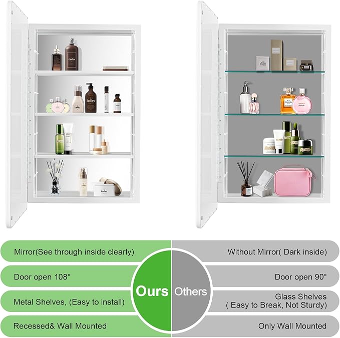 White Bathroom Medicine Cabinet with Mirror 17 x 27 Metal Frame Recessed Or Wall Mounted Single Door Storage Medicine Cabinets with Adjustable Shelves Rounded Corner Beveled Mirrors