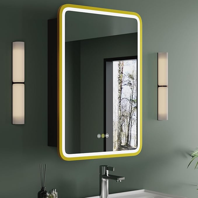 Medicine Cabinet with LED Lights and Mirror, 16W x 28H Inch Wall or Recessed Mounted Bathroom Cabinet with Right Hinge, Storage Shelf, Defogger, Memory Function, 3-Color Mode, Dimmer, Gold