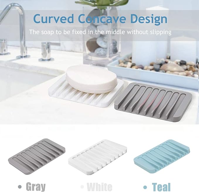 Self Draining Soap Dishes, 4 Pcs Silicone Soap Saver, Waterfall Drainer Soap Holder for Bathroom, Extend Soap Life, Keep Soap Bars Dry Clean & Easy Cleaning (White & Grey)
