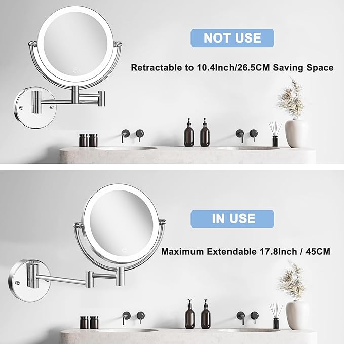Hardwired Wall Mounted Makeup Mirror Magnifying, Double Sided 1/10X Magnifying Vanity Mirror with Lights 3 Color & Adjustable Brightness, 360 Swing Arm Shaving Mirror for Bathroom