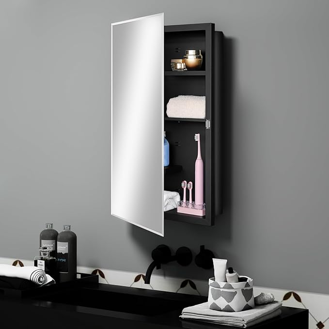 Fundin Black Medicine Cabinet Recessed or Surface Mount, Bathroom Medicine Cabinet with 16 x 26 Beveled Mirror and Adjustable Staggered Shelves