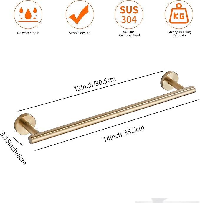 Bath Towel Bar, 12 Inch 304 Stainless Steel Thicken Towel Holder for Bathroom Wall, Towel Holder Brushed Gold Finished Wall Mount (Total Length 14-Inch)