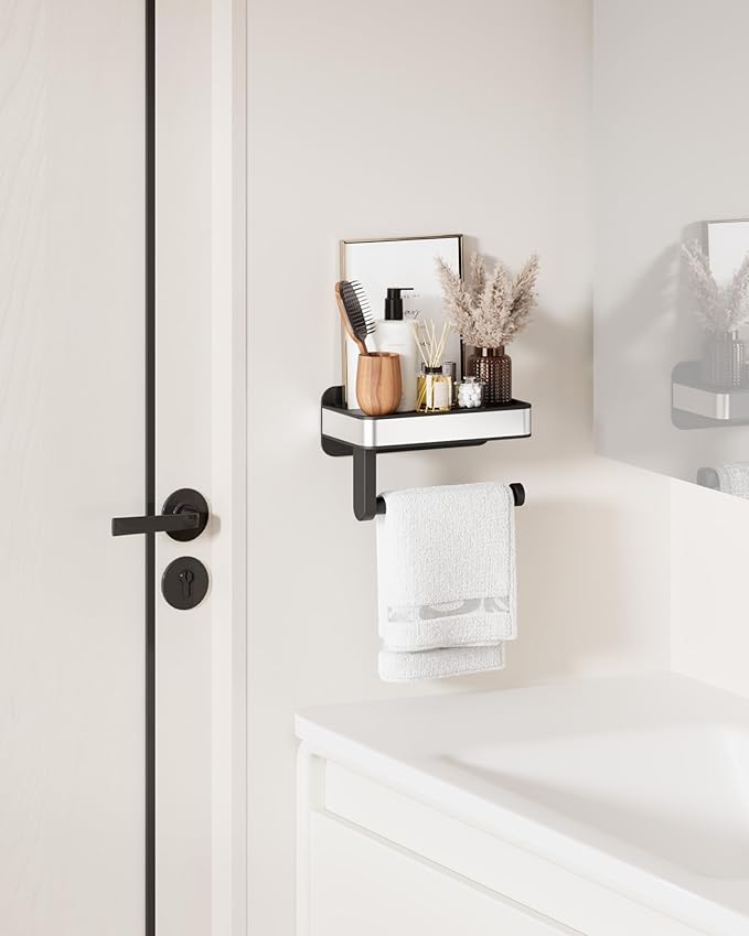 Kitsure Toilet Paper Holder with Shelf - Adhesive & Screw Wall Mount Toilet Paper Holder, Matte Black Design for Bathroom Decor, Space-Saving Toilet Paper Storage for Washroom, RV, Black, 6.9" W