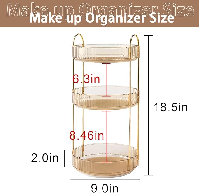 shuang qing Rotating Makeup Organizer for Vanity, High-Capacity Skincare Clear Make Up Storage Perfume Organizers Cosmetic Dresser Organizer Countertop 360 Spinning (Gold, 3 Tier)