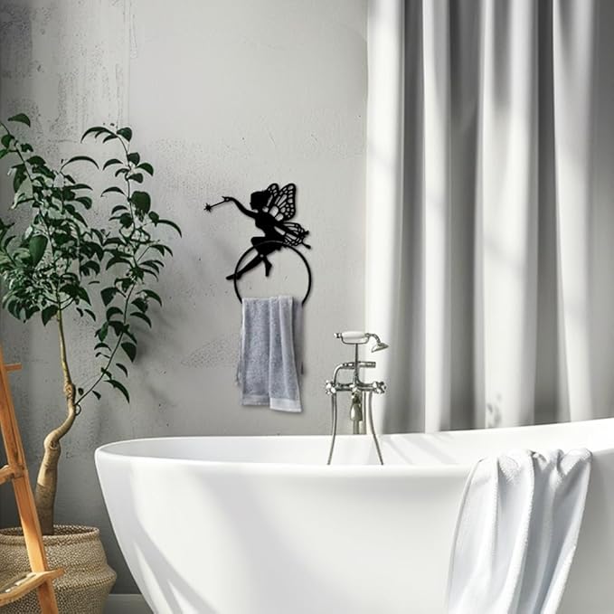 MAYJOYDIY Fairy Metal Towel Ring Elf Wings Towel Holder for Wall Fantasy Fairy Wand Towel Ring Black Plant Towel Rack Wall Mounted for Bathroom Kitchen Towel Hanger Home Decors Gift