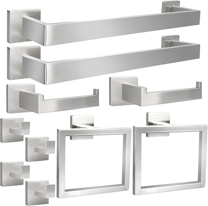 10pcs Bathroom Hardware Set, 16in Towel Bar Set, Including Square Towel Bar Square Towel Ring Toilet Paper Holder Towel Hooks, Set SUS304 Stainless Steel, Wall Mounted