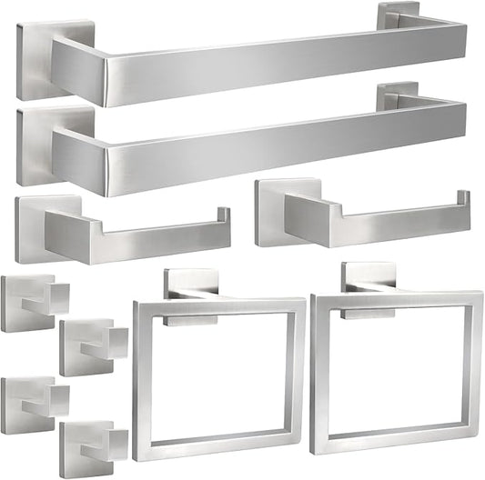 10pcs Bathroom Hardware Set, 16in Towel Bar Set, Including Square Towel Bar Square Towel Ring Toilet Paper Holder Towel Hooks, Set SUS304 Stainless Steel, Wall Mounted