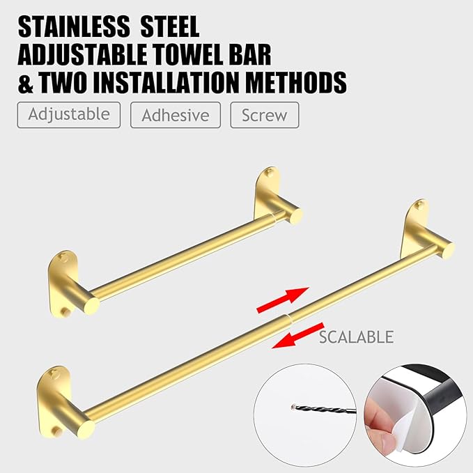 Towel Bar, Adjustable 14.4inch - 25.2inch Towel Rack, Self Adhesive & Wall Mounted for Bathroom Kitchen Hand Towel Holder Cloths Hanger SUS 304 Stainless Steel Single Bar (3, Gold)