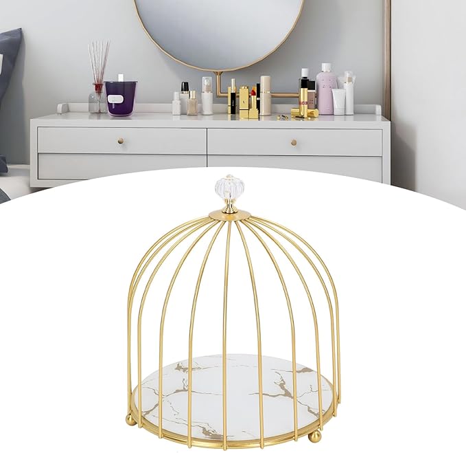 TOPINCN Cosmetics Organizer Shelf, Bathroom Desktop Metal Storage Holder for Makeup and Skincare, Bird Cage Gold Frame, 1 Tier Vanity Jewelry Display Tray for Bathroom Bedroom (White