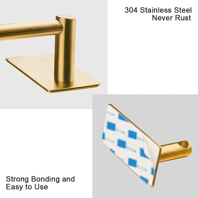 NearMoon Self Adhesive Bathroom Towel Bar- Stainless Steel Bath Wall Shelf Rack Hanging Towel Stick On Sticky Hanger Contemporary Style, NO Drilling (1 Pack, Brushed Gold, 27-Inch Towel Rack)