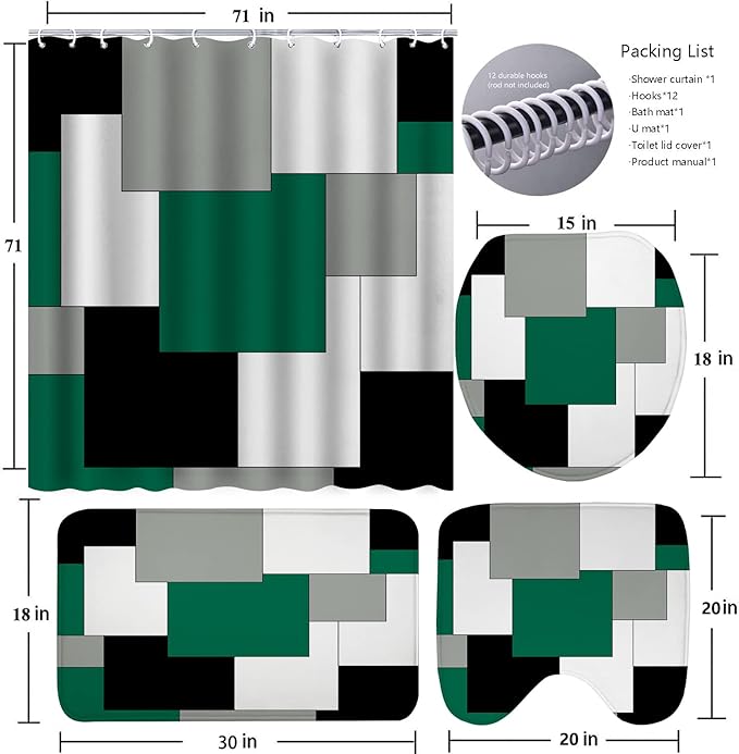 Green Bathroom Set with Shower Curtain and Rugs, 4 Piece Geometric Bathroom Set with Rugs, Incl Shower Curtain with 12 Hooks, Bath Mat, U-Shaped Floor Mat, Toilet Lid Oval Rug