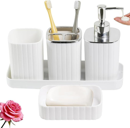 Bathroom Accessories Set 5pcs- Bathroom Set, Plastic Bathroom Accessory Sets with Lotion Soap Dispenser, Soap Dish, Toothbrush Holder, Toothbrush Cup, Vanity Tray, Boho, Modern Bathroom Decor, White