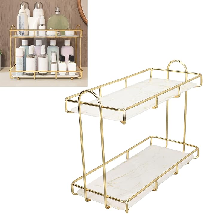 2 Tier Bathroom Shelf Countertop Standing Shelf with Partition Cosmetic Storage Rack Holder Gold (Small 31x23cm)