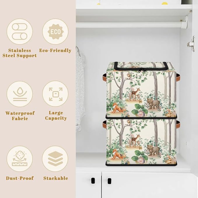 Woodland Wildlife Storage Basket - Cute Animals Party Bin Collapsible Organizer with Zipper Lid, Kid Rectangular Decorative Box with Handles, Nursery Toy Organization for Kids Bedroom Decor, 24L