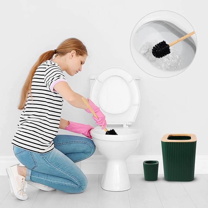 XLHOMO Dark Green Bathroom Accessories Set, 9-Piece Green Bathroom Set with Trash Can, Tray, Soap Dispenser, Toothbrush Holder, Toothbrush Cup, Soap Dish, Toilet Brush and Q-tip Holders