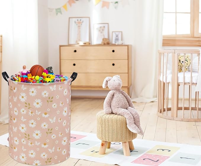 Pink Daisy Kids Laundry Basket Baby Hamper Daisy Toy Storage Bin for Boys Room Decor Baby Nursery Hamper Gift Baskets for Bedroom Bathroom(Pink Daisy)