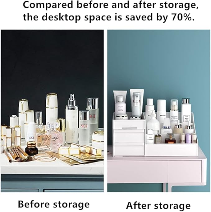 Makeup Desk Cosmetic Storage Box Organizer with Drawers for Dressing Table, Vanity Countertop, Bathroom Counter, Elegant Holder Brushes, Eyeshadow, Lipstick & Nail Polish, White
