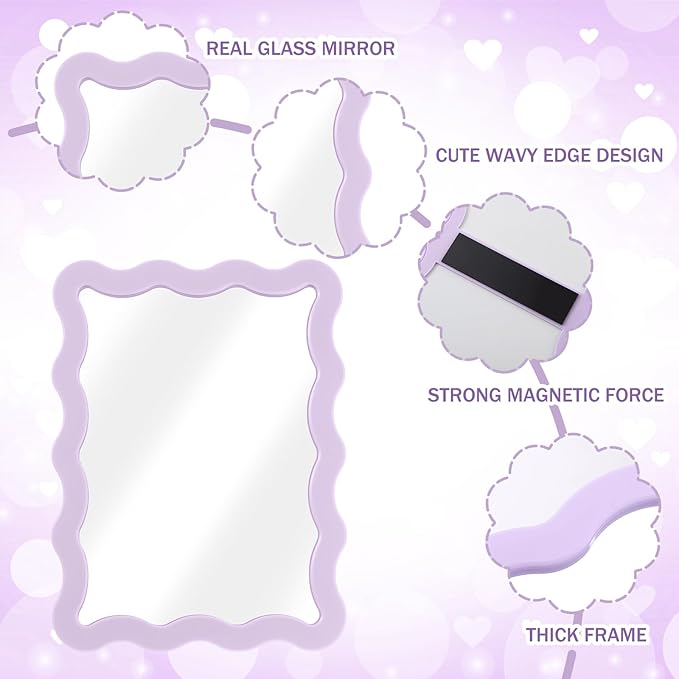 Leinuosen 1 Pcs Scalloped Magnetic Locker Mirror Small Real Glass Makeup Mirror with Magnetic Backing Cute Locker Decorations for Office Cabinet Lockers Accessories (5 x 7 Inch,Purple)