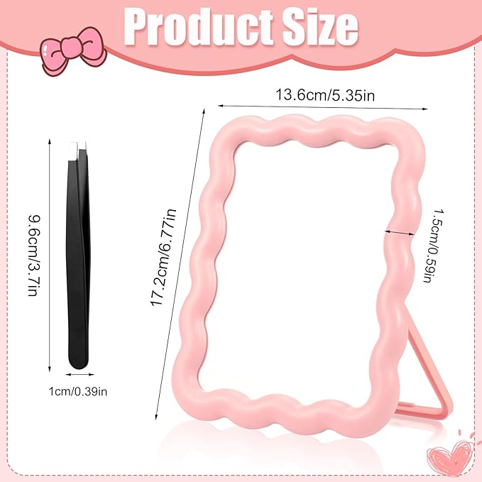 Desk Mirror, Wave-Shaped Adjustable Desk Vanity Makeup Mirror Office Cubicle with Eyebrows Tweezer, 6.7*5.3In Cute Travel Portable Folding Make Up Mirrors for Standing Hanging Home Decoration(Pink)