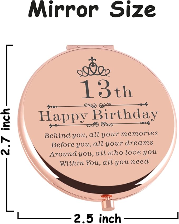 13th Birthday Gift for Girls Rose Gold Travel Compact Pocket Sweet 13 Years Old Gifts for Daughter Bestie Sister Happy 13th Birthday Gift Ideas for Her Turning to 13th Birthday Present
