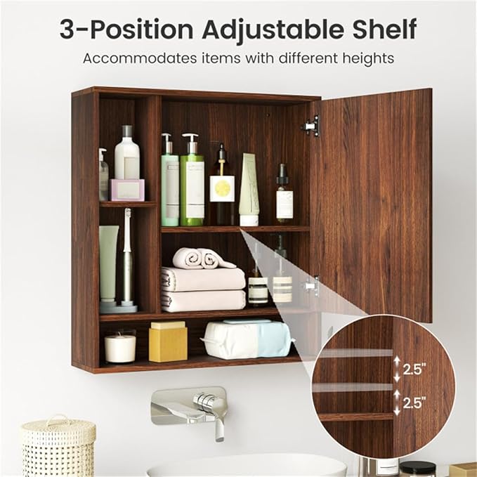 Space Saving Medicine Cabinet, Mirrored Bathroom Wall Cabinet with Hidden Storage Shelves, Walnut Finish Vanity Organizer, Medicine Cabinet with Hidden Storage, Space Saving Organizer for Bathroom