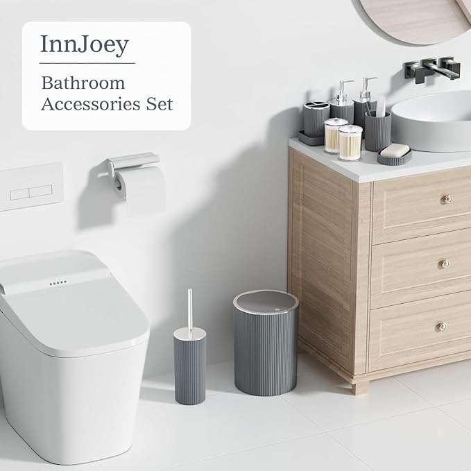Grey Bathroom Accessories Set, 10PC Bathroom Set, Bath Accessory with Pop Up Trash Can, Soap Dispenser, Toilet Brush, Toothbrush Set Qtip Holders & Tray