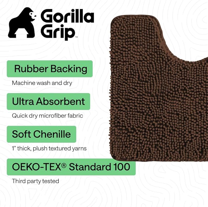 GORILLA GRIP Plush Absorbent Shaggy Chenille Bath Rug Mat for Oval Toilet Base with Rubber Backing, Machine Washable Rugs, Soft Microfiber Contour Mats for Toilets, Bathroom Decor, Brown