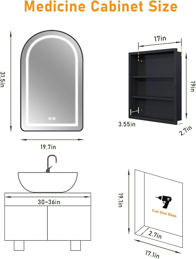 19.7"x31.5" Lighted Medicine Cabinet with Mirror, Arched Bathroom Mirror with Lights and Storage, Dimmable 3 Color with Anti-Fog, Full Metal Recessed & Surface Mount LED Medicine Cabinets Black