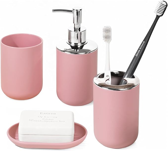 Bathroom Accessory Set, 4 Pcs Plastic Bathroom Set Include Soap Dispenser, Soap Dish, Toothbrush Holder, Mousewash Cup, Modern Bahtroom D??cor Set, Space Save for Bathroom(Light Pink)
