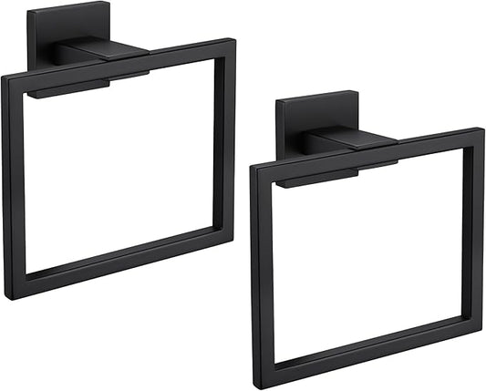 LANC Hand Towel Rings for Bathroom Wall Mount Matte Black Square Hand Towel Holder Command Towel Hanger for Bathroom Lavatory Towel Holder Stainless Steel Modern Towel Rack Hanger 2 Pack, A8896MB-P2
