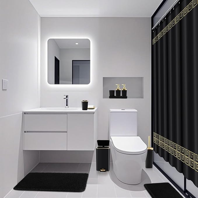 XLHOMO Bathroom Sets with Shower Curtain and Rugs Black Bathroom Accessories Bathroom Set,Soap Dispenser & Toilet Brush Holder Set with Stainless Steel Trash Can