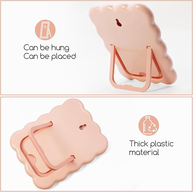 Philbinden Cute Wave-Shaped Desk Vanity Makeup Mirror, Portable Folding Travel Makeup Mirror for Standing/Hanging, Home Decorations for Women Girls (1, Pink)