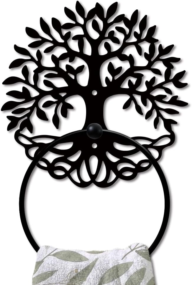 MAYJOYDIY Tree of Life Metal Towel Ring Leafy Plant Towel Holder Tree Bath Towel Ring for Wall Black Art Towel Rack Wall Mounted for Bathroom Kitchen Towel Hanger Home Decors Gift
