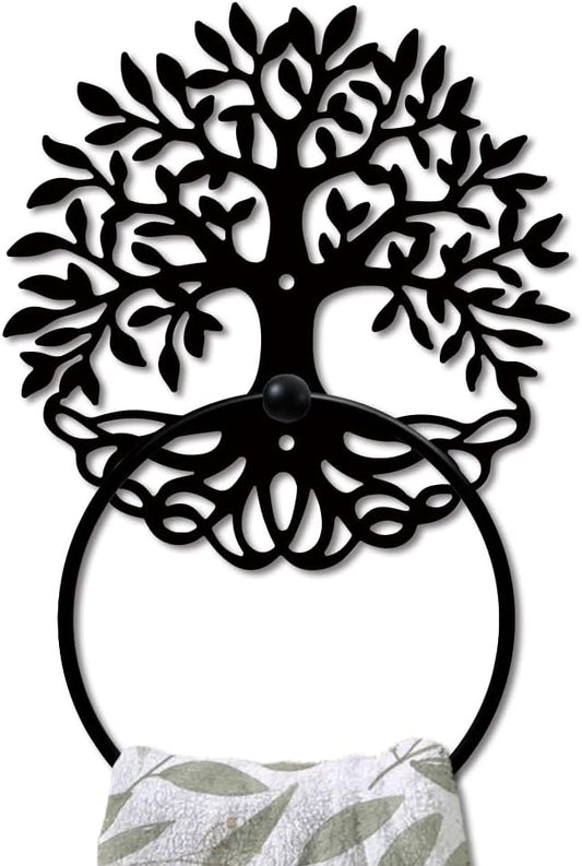 MAYJOYDIY Tree of Life Metal Towel Ring Leafy Plant Towel Holder Tree Bath Towel Ring for Wall Black Art Towel Rack Wall Mounted for Bathroom Kitchen Towel Hanger Home Decors Gift
