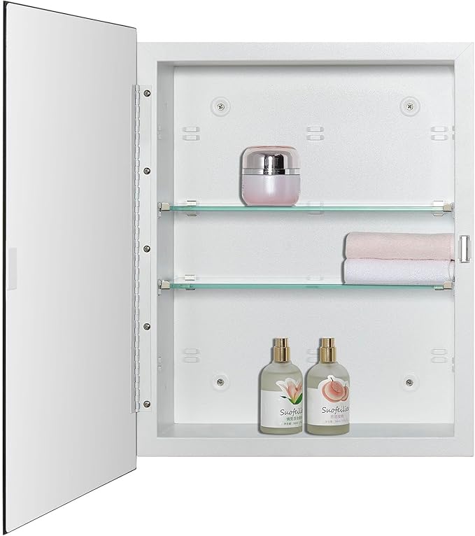 IDYLLOR Bathroom Medicine Cabinet with Beveled Edge Mirrored Door 14 x 18 inch, Recessed or Surface Mount, with Adjustable Glass Shelves