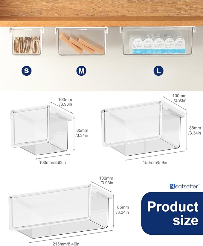 Hanging Cabinet Organizer – 33° Tilted Under Desk Drawer & Bathroom Storage – Self-Adhesive Clear Pull-Out Bins for Kitchen, Office & Vanity (Medium)