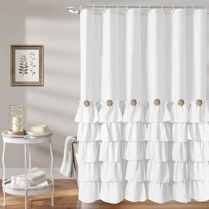 Seasonwood White Ruffle Shower Curtain Farmhouse Shower Curtain 72 X 78 inch Fabric Shower Curtains with Buttons & White Ruffles for Bathroom Bathtubs Decor Accessory