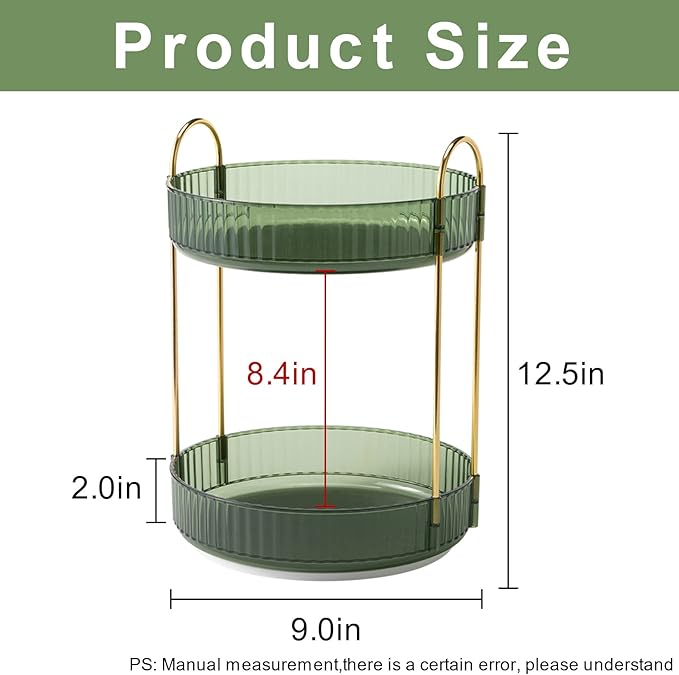 INVSSENE 360° Rotating Makeup Organizer, Bathroom Make Up Spinning Holder Rack, Large Capacity Cosmetics Storage Vanity Shelf Countertop, Fits Cosmetics, Perfume, Skincare, Lipsticks(2 Tiers, Green)