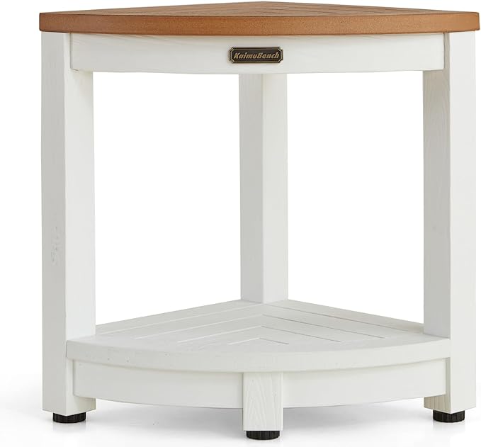 KaimuBench HDPS Corner Shower Stool for Shaving Leg, Waterproof Shower Bench Seat for Inside Shower, Poly Lumber Plastic Bath Shower Chair Seat, White+Brown, Weight Capacity 500LBS
