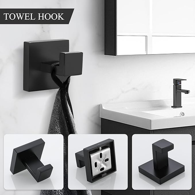 TURS 4-Piece Bathroom Hardware Set Black Towel Bar Set Stainless Steel Towel Bar Hand Towel Holder Toilet Paper Holder Towel Hooks Wall Mount