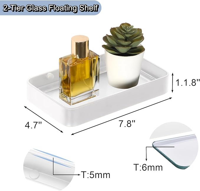 Z metnal Small Glass Bathroom Shelves, White Floating Wall Shelf, Mini Wall Mounted (White Clear Glass, 8 inch/20cm)