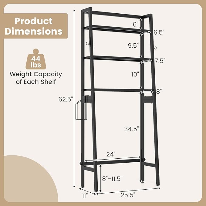Nightcore Over-The-Toilet Storage, 3-Tier Freestanding Bathroom Organizer Shelf w/ 2 Hanging Hooks & Toilet Paper Holder, Multifunctional Metal Toilet Storage Rack for Bathroom Laundry (Black)