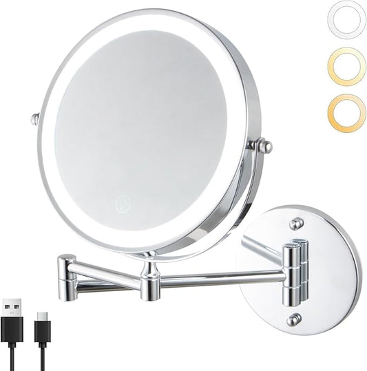 8.5" Wall Mounted Lighted Makeup Mirror, 3000 mAh Rechargeable Double-Sided 1X 10X Magnifying Mirror, 3 Color Lighting, Touch Screen Dimming, Extended Arm 360 Rotation Shaving Bathroom Mirror