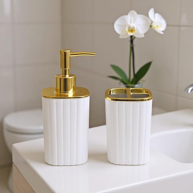 2Pack Bathroom Accessories Set, White Bathroom Set. Bathroom Toothbrush Holder Set, Includes Dispenser and Toothbrush Holder. Bohemian Bathroom Accessories